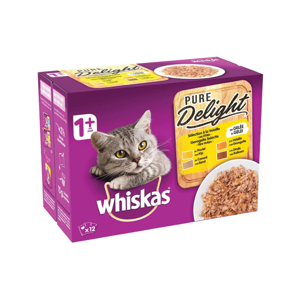 Whiskas - Maaltijdzakjes Pure Delight Gevogelte Selectie In Gelei 1+ jaar (96 x 85g)
