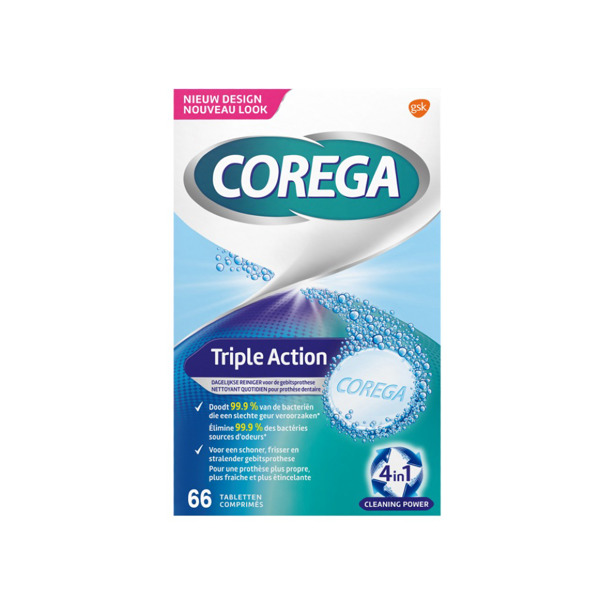 Corega - Triple Action Reinigingstabletten voor gebitsprothese (3 x 66 stuks)